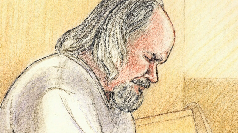 Artist sketch of Basil Borutski as seen in an Ottawa courtroom on Monday, Oc.t 2, 2017. Borutski is on trial for three first-degree murder charges in the deaths of Carol Culleton, 66, Anastasia Kuzyk, 36, and Nathalie Warmerdam, 48, whose bodies were found in separate crime scenes in and around Wilno, Ont., on Sept. 22, 2015. (Credit: Lauren Foster-MacLeod)