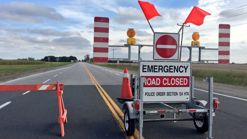 Queens Line is closed between Highway 401 and Sinclair Road after a fatal crash in Chatham, Ont., on Tuesday, Oct. 10, 2017. (Sacha Long / CTV Windsor)