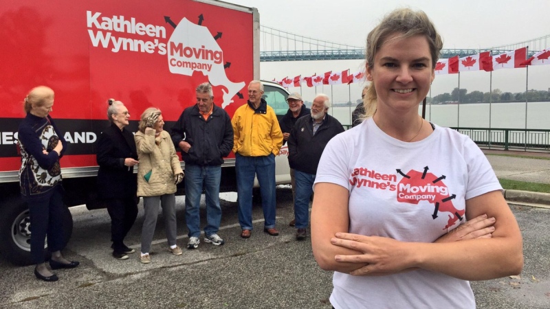 A satirical "Kathleen Wynne Moving Truck" has pulled up in Windsor, Ont., on Thursday, Oct. 12, 2017. (Sacha Long / CTV Windsor)