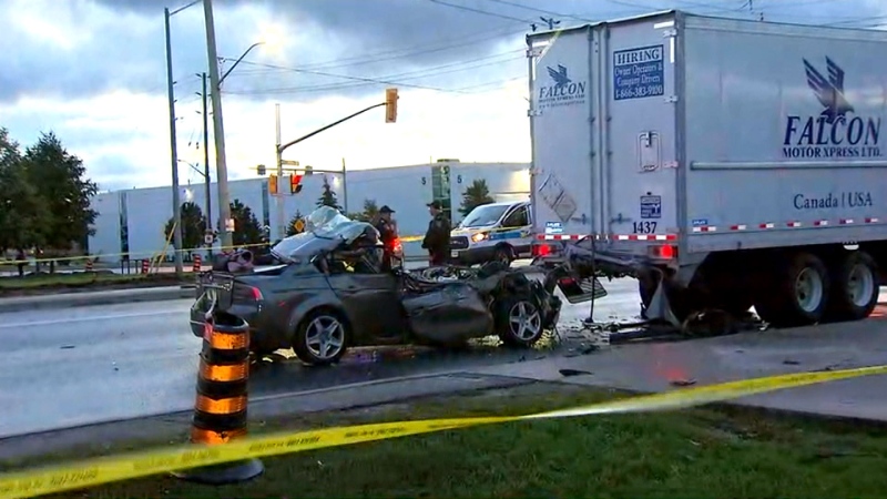 A rear-end collision on Airport Road in Brampton left one person dead on October 24, 2017.