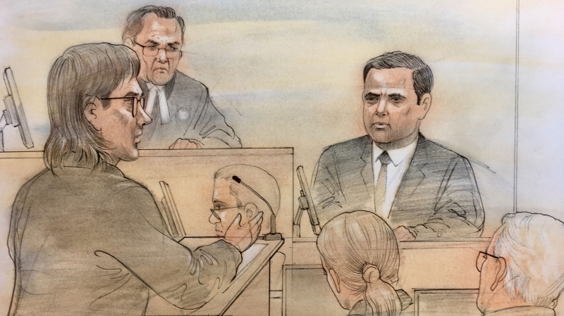 Dellen Millard questions Laura Babcock's former boyfriend Shawn Lerner in court on October 24, 2017. (Sketch by John Mantha)