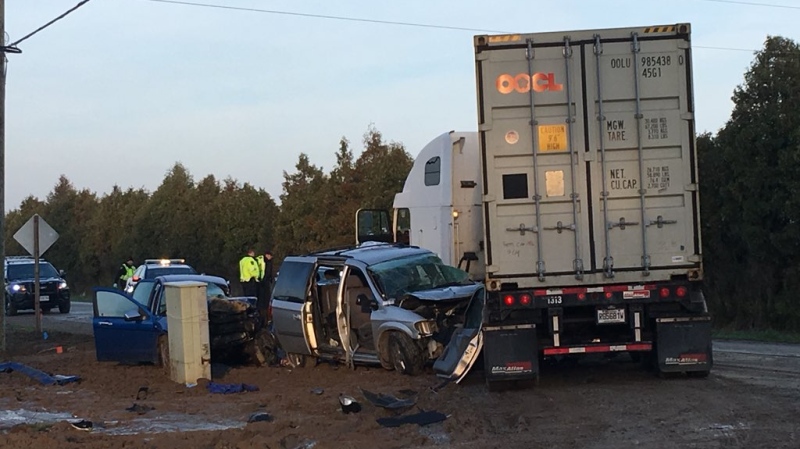 Police are investigating a serious three-vehicle crash on County Road 18 in Kingsville, Ont., Friday, Nov. 3, 2017. (Kimberly Johnson / AM800)