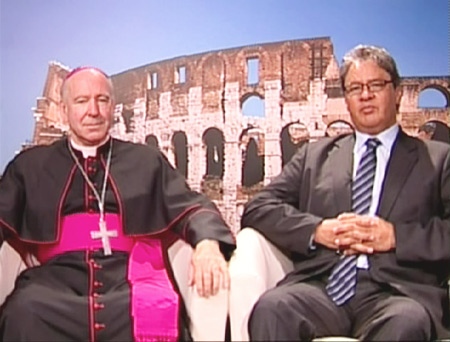 Archbishop Gerard Pettipaw, left, and Edward John, chief of Tlazten First Nation, speak on Canada AM from CTV's studios in Rome, Wednesday, April 29, 2009.