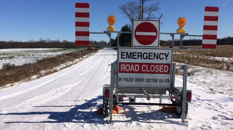 Eight Mile Road in London is closed after a fatal collision Friday, Nov. 10, 2017. (Marek Sutherland / CTV London)