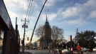 Crews are working to secure the spire on top of Ste. Anne Church in Tecumseh, Ont., on Tuesday, Nov. 14, 2017. (Melanie Borrelli / CTV Windsor) 