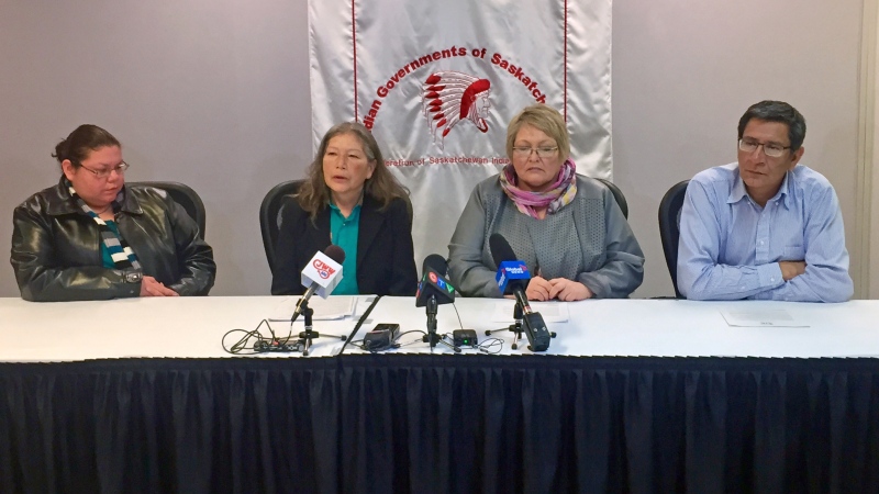 The family of Haven Dubois, who was found dead in Regina in 2015, speak to reports in Saskatoon on Monday. From left: Dubois’ mother, Richelle Dubois, and grandmother, Constance Dubois, joined by Vice Chief Heather Bear of the Pasqua First Nation and Chief Todd Peigan. (Albert Delitala/CTV Saskatoon)