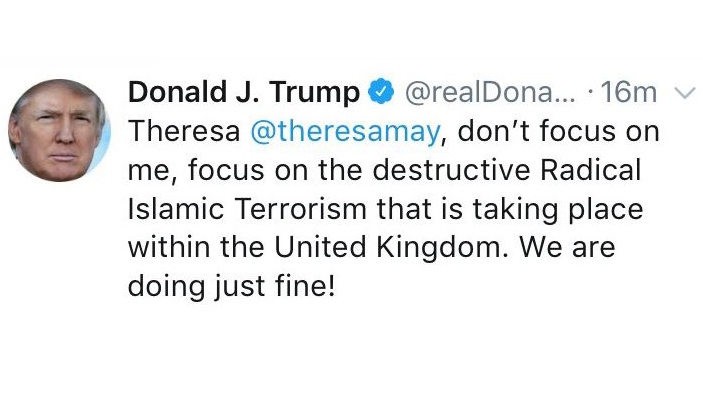 A screengrab of U.S. President Donald Trump's now-deleted tweet shows that he used the wrong Twitter handle in an attempt to blast British Prime Minister Theresa May. (May's Twitter handle includes an underscore.)