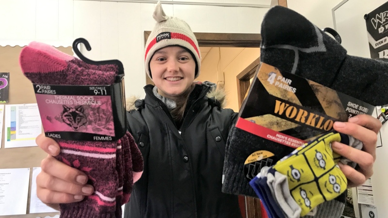 Sarah Lewis is completing her 10th annual “Socks Warm Your Heart” campaign in Windsor, Ont., on Friday, Dec. 1, 2017. (Rich Garton / CTV Windsor)