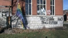 References to a Bible passage commonly perceived as being anti-homosexual were spray-painted next to a Pride flag at Emmanuel United Church in Waterloo.
