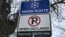 A snow route sign is seen in Regina, Sask. (Colton Wiens / CTV Regina)
