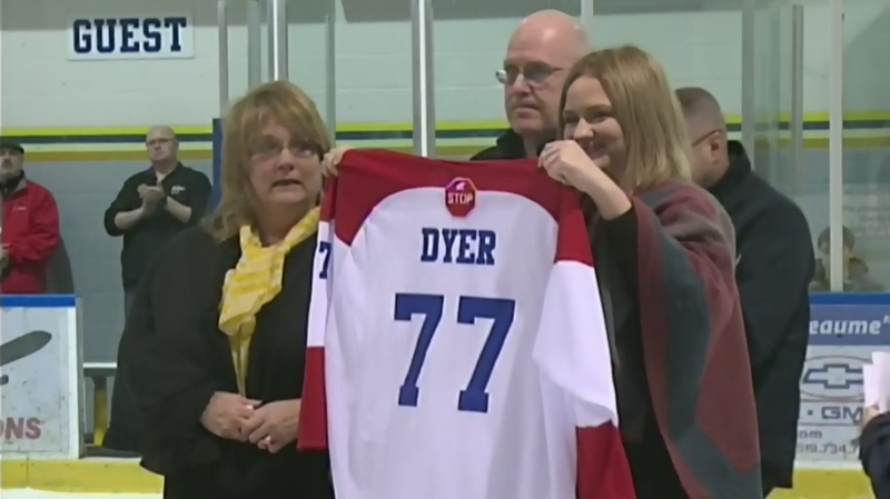 Nick Dyer's Jersey is retired on Thursday, December 7, 2017. (CTV Windsor)