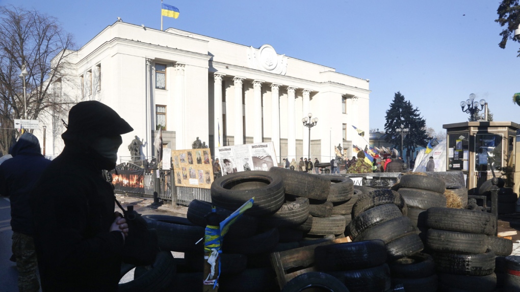 A tyre barricade in front of Ukrainian parliament 