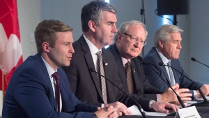 New Brunswick Premier Brian Gallant, Nova Scotia Premier Stephen McNeil, Prince Edward Island Premier Wade MacLauchlan, and Newfoundland and Labrador Premier Dwight Ball, left to right, hold a news conference at the end of a meeting of Atlantic Premiers in Halifax on Monday, Dec. 11, 2017. (THE CANADIAN PRESS/Andrew Vaughan)