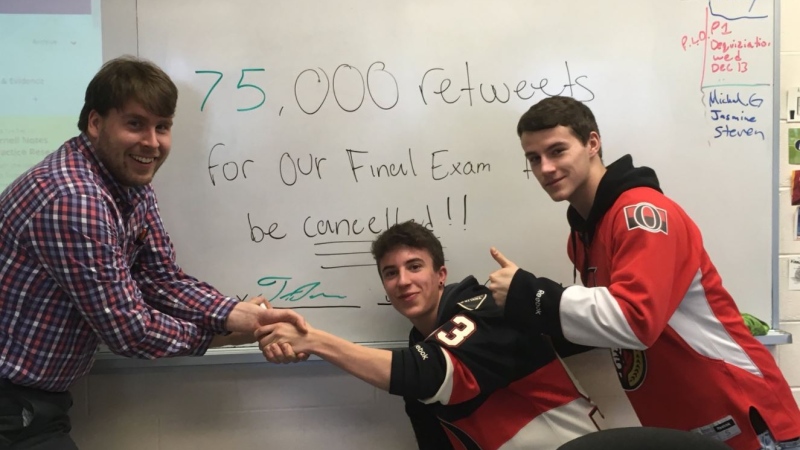Mr. Nuyens, a grade 12 International Business teacher at Mother Teresa High School, posted a photo on twitter saying the final exam would be cancelled if the post could get 75,000 retweets by January 12th. (@MTNuyens/Twitter)
