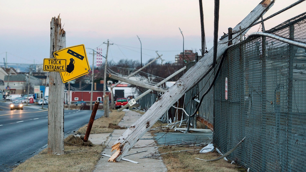 Damaged power lines are seen in Dartmouth, N.S