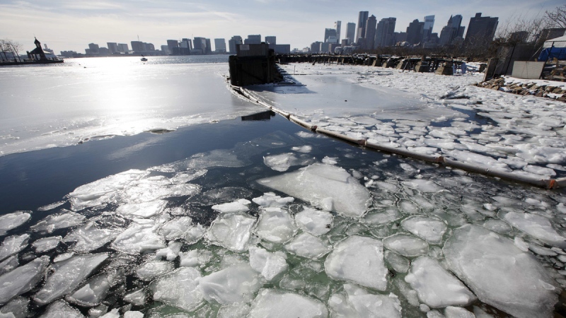 Sea ice floats in Boston Harbor, on Jan. 3, 2018. (Michael Dwyer / AP)