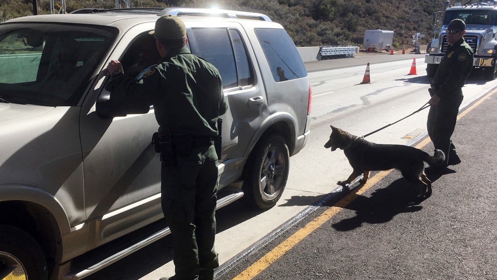 Border patrol agents use a drug sniffing dog