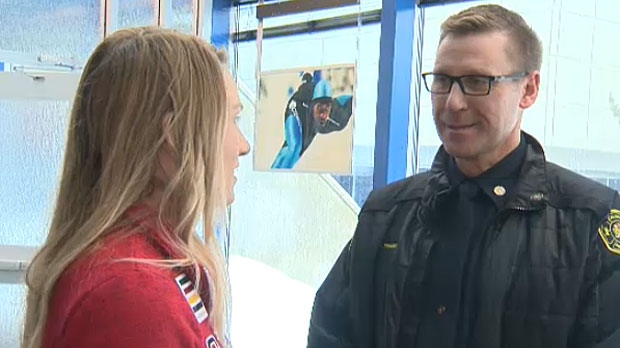 Long track speed skater Brianne Tutt nearly lost her life in a nasty crash in 2012, but Innes Fraser, a Calgary firefighter, was there to help her.