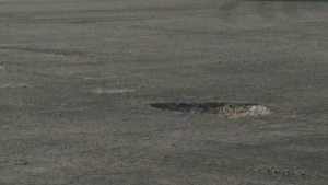 A pothole at the intersection of Notre Dame and Dickson in Montreal in January 2018