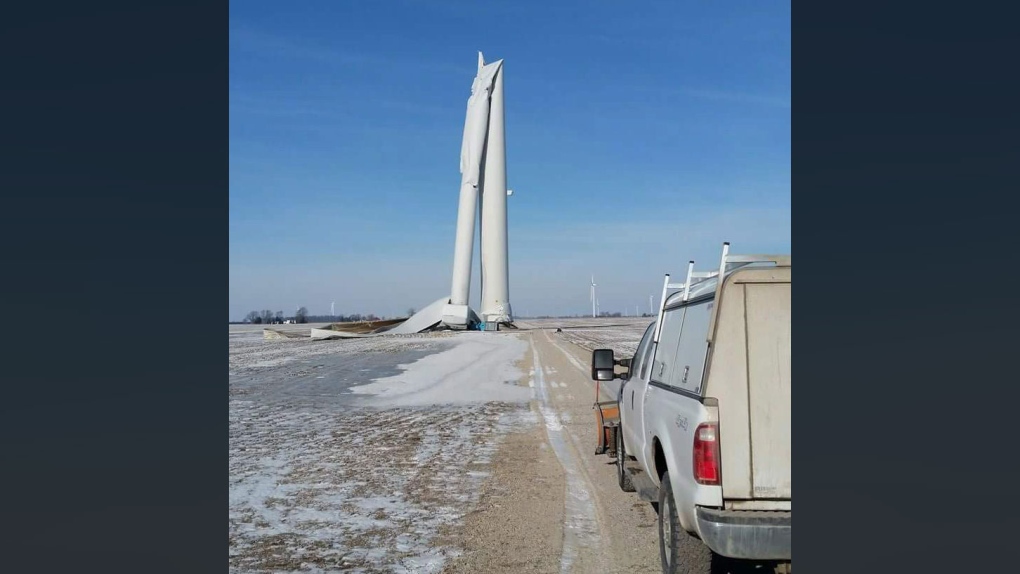 A wind turbine is shown toppled in Ontario