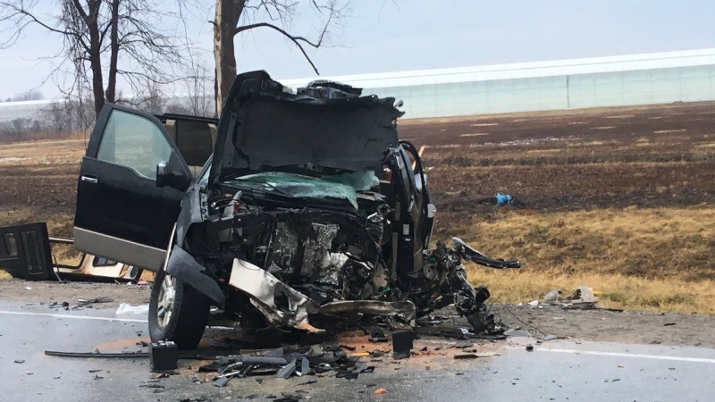 Police say the pickup truck driver suffered non-life threatening injuries after a crash on Highway 3 in Kingsville, Ont., on Monday, Jan. 22, 2018. (Kimberley Johnson / Am800)