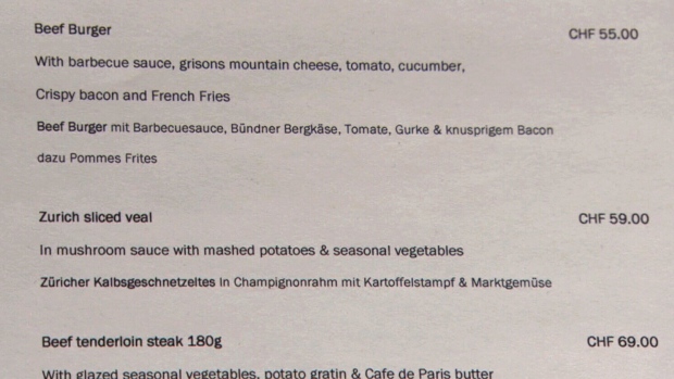 Menu from restaurant at the Ameron Swiss Mountain