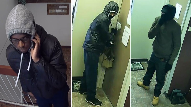 A person of interest (left) and two men suspected of trying to rob a bitcoin business in Ottawa on Tuesday, Jan. 23, 2018. (Police handouts)