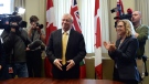 Ontario PC party interim leader Vic Fedeli is congratulated after a caucus meeting at Queen's Park in Toronto on Friday, January 26, 2018. Fedeli has been named interim leader of Ontario's Progressive Conservatives after Patrick Brown's resignation in the face of sexual misconduct allegations. THE CANADIAN PRESS/Nathan Denette