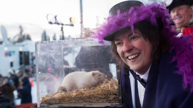 Wiarton mayor Janice Jackson interacts with Wiarton Willie in Wiarton, Ont., on Friday, Feb.2, 2018. Wiarton Willie predicted six more weeks of winter. THE CANADIAN PRESS/Hannah Yoon