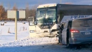 Multiple people have been transported to various trauma centres with critical injuries after a head-on crash with a chartered bus in Stayner. Ont. on Feb. 2, 2018. 