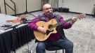 Andrew Bear, who served 15 years behind bars after he was convicted of second-degree murder in 1982, performs in front of a group of about 50 people from First Nations across Saskatchewan on Tuesday, Feb. 6, 2018. Bear now considers himself a mentor for people looking to end the cycle of violence in their lives. (Laura Woodward/CTV Saskatoon)
