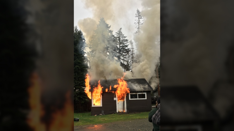 First responders were called after witnesses saw flames shooting from a home in the Glen Alder RV Park on South Island Highway. Feb. 7, 2018. (Courtesy Saje Kurpiela)