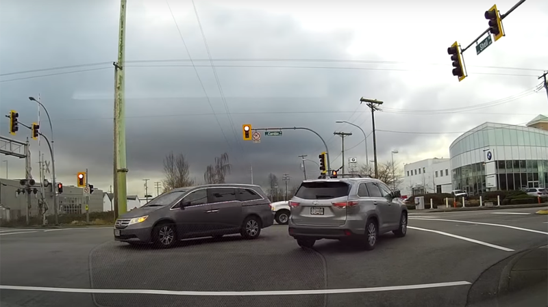 Three vehicles were caught barging into the same Richmond, B.C. intersection within seconds of each other last week. (YouTube)