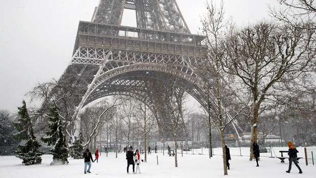 Snowfall in Paris, France