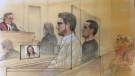 Dellen Millard and Mark Smich appear in court on day one of their sentencing hearing for the murder of Laura Babcock. Babcock's parents sit behind them. (Sketch by John Mantha)
