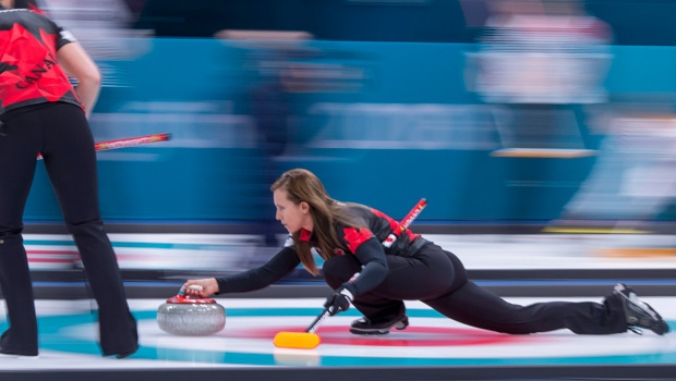 Canada's skip Rachel Homan delivers a shot 
