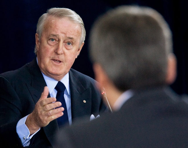 Former Prime Minister Brian Mulroney responds to a question from Karlheinz Schreiber's lawyer Richard Auger at the Oliphant Commission in Ottawa, Wednesday May 20, 2009. (Sean Kilpatrick / THE CANADIAN PRESS)