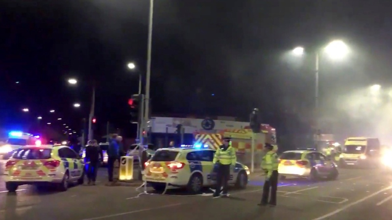 In this image taken from video made available by Gem News, police attend the scene of an incident in Leicester, central England, Sunday Feb. 25, 2018. (Gem News via AP)