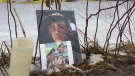 A roadside memorial for Brady Francis is seen at the site where the 22-year-old man was struck and killed by a vehicle in Saint-Charles, N.B.