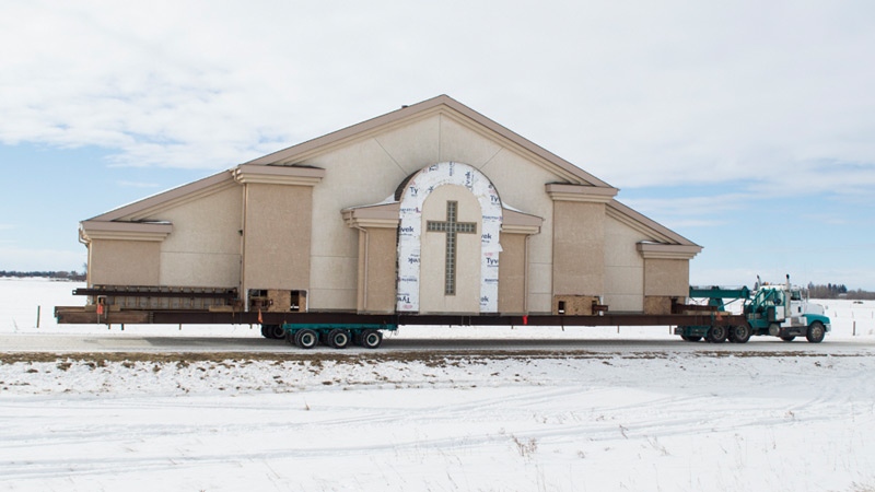 For the 15 km move from St. Albert to the Morinville area, the church building had to be separated into four parts. Supplied.
