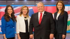 Ontario Conservative party leadership candidates Tanya Granic Allen, left to right, Christine Elliott, Doug Ford and Caroline Mulroney pose for a photo in TVO studios in Toronto on Thursday, February 15, 2018 following a televised debate. THE CANADIAN PRESS/Chris Young