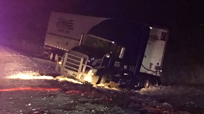 A tractor trailer jackknifed on Highway 401near Victoria Road in Chatham, Ont. (Courtesy Chatham-Kent OPP)  