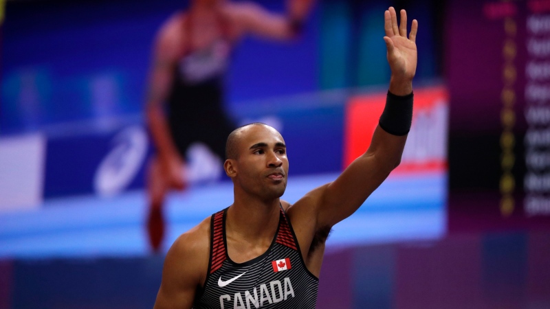 Canada's Damian Warner waves after an attempt in the men's pole vault of the heptathlon at the World Athletics Indoor Championships in Birmingham, Britain, Saturday, March 3, 2018. (Matt Dunham/AP Photo)