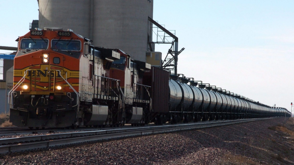 A BNSF Railway train hauls crude oil