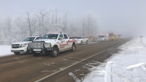 Emergency crews on the scene of a collision involving a school bus and semi-tractor on Opal Rd. and TWP 594 on Wednesday, March 7, 2018.