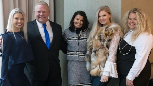 Doug Ford, second from left, stands with his wife Karla, centre, and his daughters Kyla, left, Kayla and Kara, right, as they pose before the start of the Ontario PC Leadership announcement in Markham, Ont., on Saturday, March 10, 2018. THE CANADIAN PRESS/Chris Young