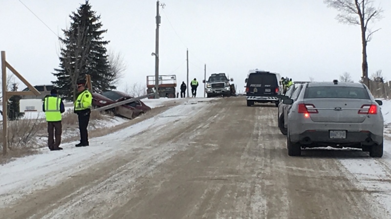 One person was killed when a car hit a stopped trailer on Boomer Line in Wellesley Township on Tuesday, March 13, 2018. (Emma Ens / CTV Kitchener)