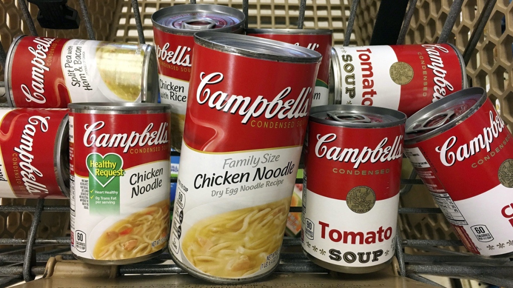 Campbell's soups in a grocery cart