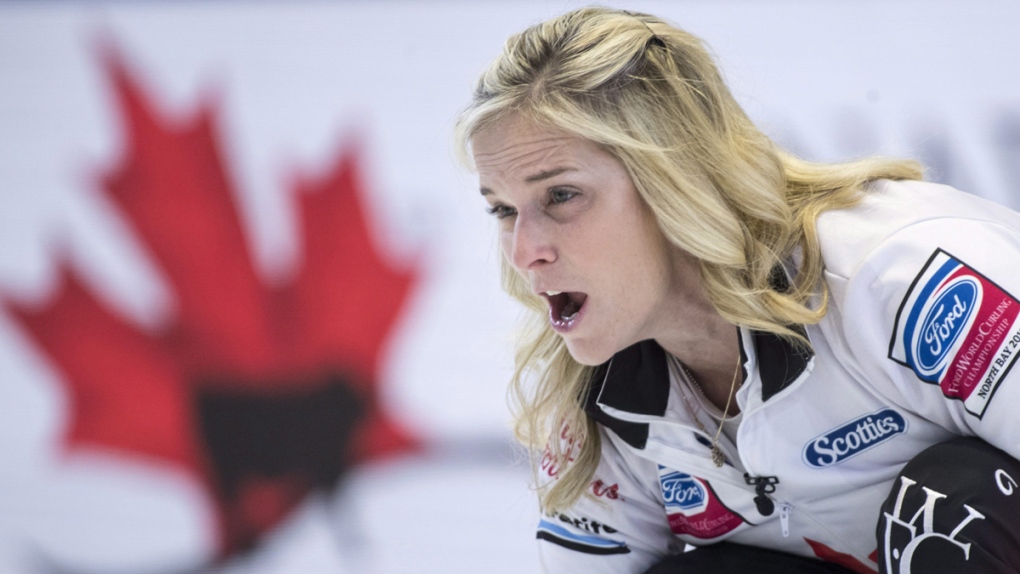 Canada skip Jennifer Jones calls for the sweep