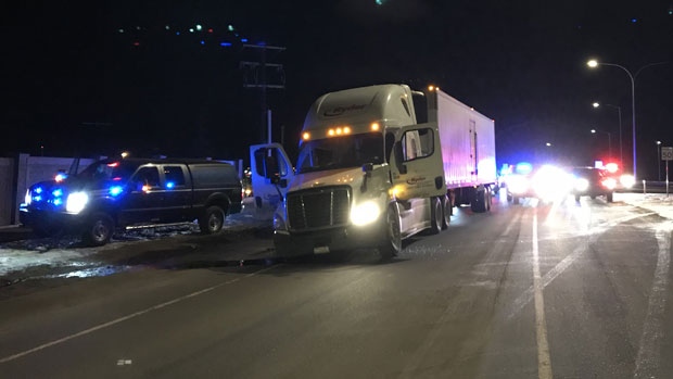 Semi tractor-trailer stopped in Airdrie